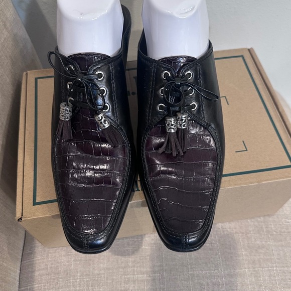 Tassle Shoes - Brighton‎ Tassle Women's Black Leather Embossed Mules Heels Shoes Size 9M